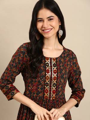 Showoff women's ankle length round neck multi ethnic motifs anarkali kurta 1