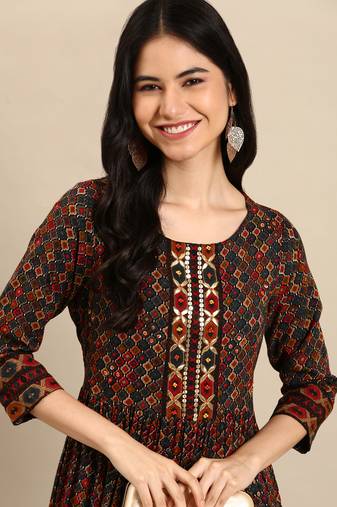 Showoff women's ankle length round neck multi ethnic motifs anarkali kurta