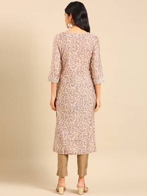 women's calf length round neck beige abstract straight kurta 5