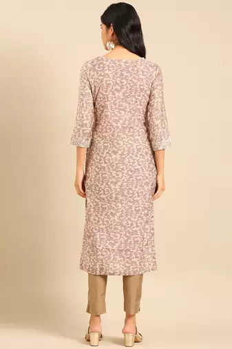 women's calf length round neck beige abstract straight kurta