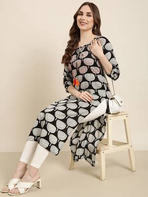 women's calf length tie-up neck black ethnic motifs straight kurta 1