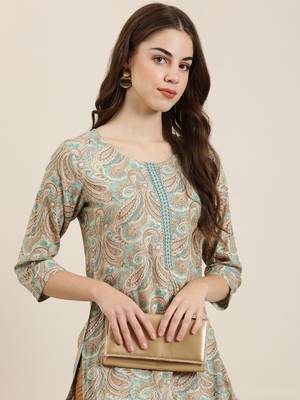 women's calf length round neck sea green paisley straight kurta 1