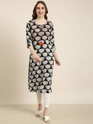 women's calf length tie-up neck black ethnic motifs straight kurta 2