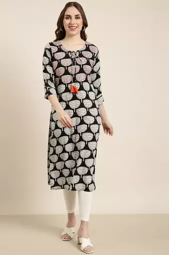 women's calf length tie-up neck black ethnic motifs straight kurta