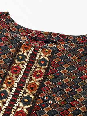 Showoff women's ankle length round neck multi ethnic motifs anarkali kurta 2