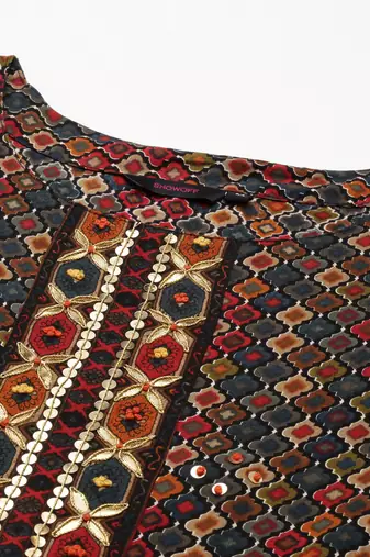 Showoff women's ankle length round neck multi ethnic motifs anarkali kurta