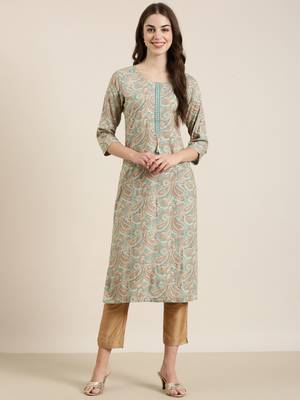 women's calf length round neck sea green paisley straight kurta 2