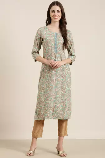 women's calf length round neck sea green paisley straight kurta