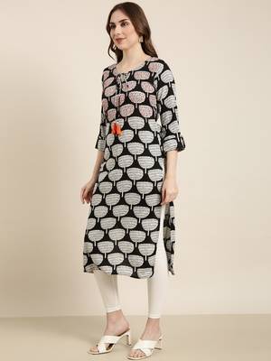 women's calf length tie-up neck black ethnic motifs straight kurta 3