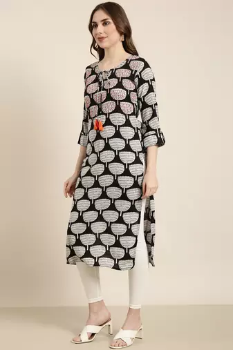 women's calf length tie-up neck black ethnic motifs straight kurta