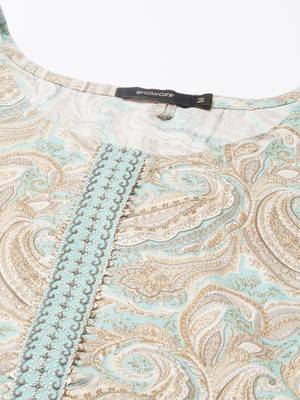 women's calf length round neck sea green paisley straight kurta 3