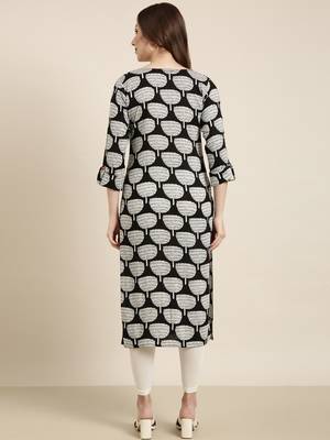 women's calf length tie-up neck black ethnic motifs straight kurta 4