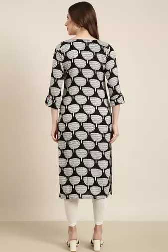 women's calf length tie-up neck black ethnic motifs straight kurta