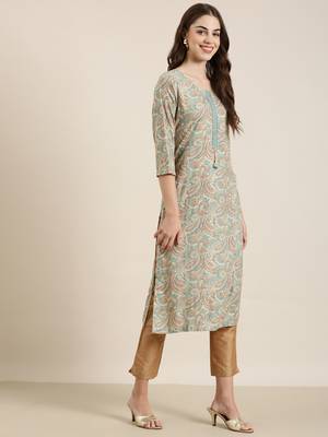 women's calf length round neck sea green paisley straight kurta 4