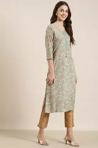 women's calf length round neck sea green paisley straight kurta
