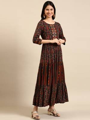 Showoff women's ankle length round neck multi ethnic motifs anarkali kurta 4