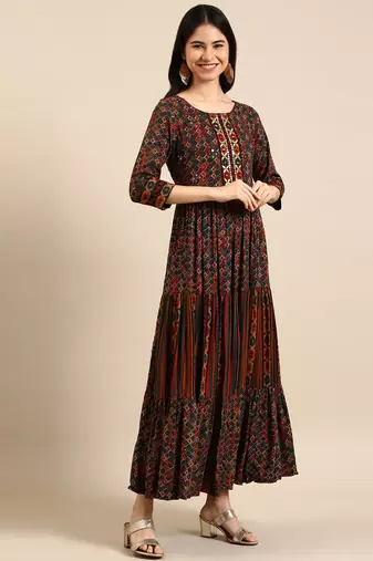 Showoff women's ankle length round neck multi ethnic motifs anarkali kurta