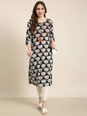 women's calf length tie-up neck black ethnic motifs straight kurta 5