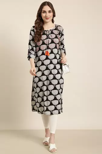 women's calf length tie-up neck black ethnic motifs straight kurta
