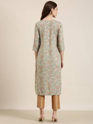women's calf length round neck sea green paisley straight kurta 5