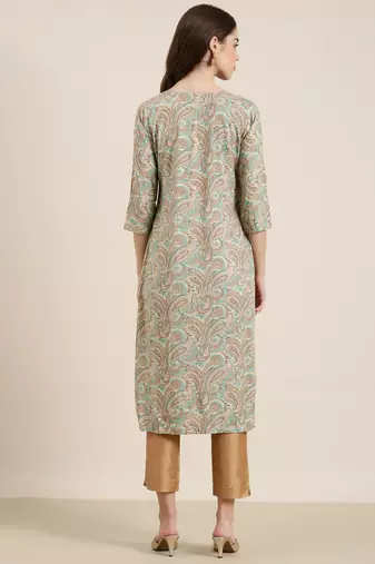 women's calf length round neck sea green paisley straight kurta