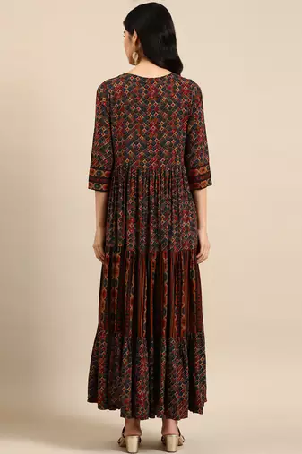 Showoff women's ankle length round neck multi ethnic motifs anarkali kurta
