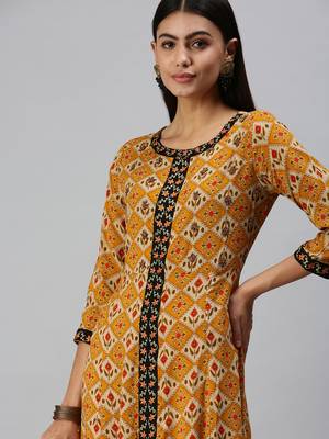 women's ankle length round neck mustard checked anarkali kurta 1