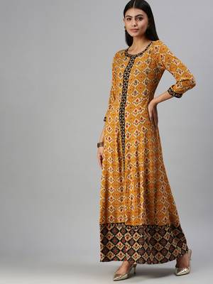 women's ankle length round neck mustard checked anarkali kurta 2