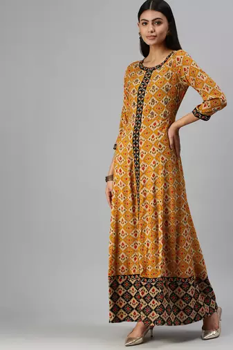 women's ankle length round neck mustard checked anarkali kurta