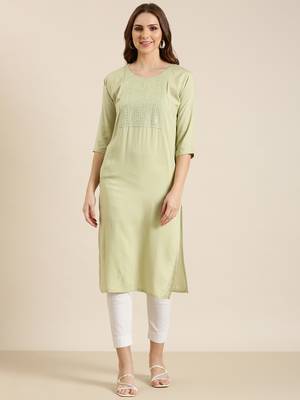 women's calf length round neck sea green solid straight kurta 2