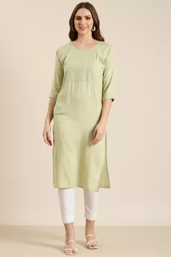 women's calf length round neck sea green solid straight kurta