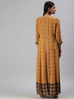 women's ankle length round neck mustard checked anarkali kurta 3