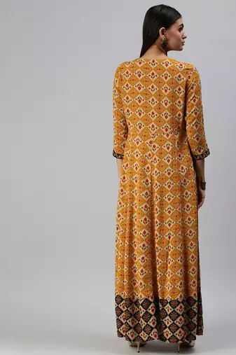 women's ankle length round neck mustard checked anarkali kurta