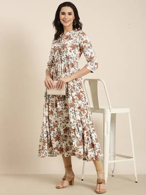 women's calf length mandarin collar cream floral anarkali kurta 1