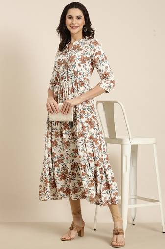 women's calf length mandarin collar cream floral anarkali kurta