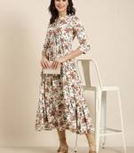 women's calf length mandarin collar cream floral anarkali kurta