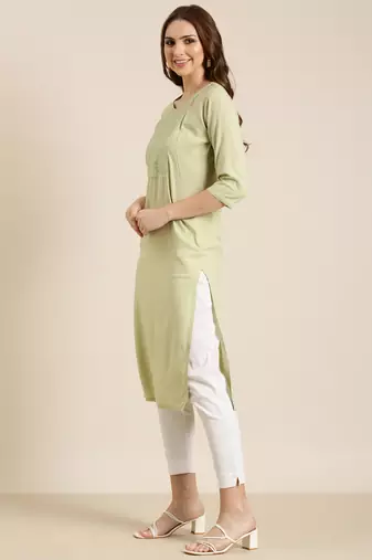 women's calf length round neck sea green solid straight kurta