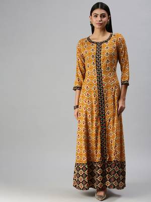 women's ankle length round neck mustard checked anarkali kurta 4