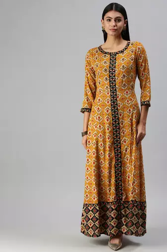 women's ankle length round neck mustard checked anarkali kurta