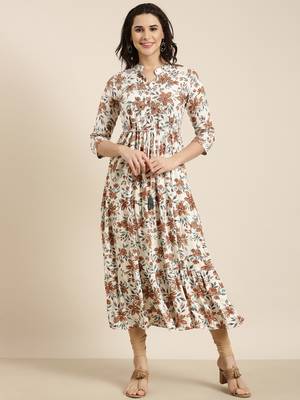 women's calf length mandarin collar cream floral anarkali kurta 2