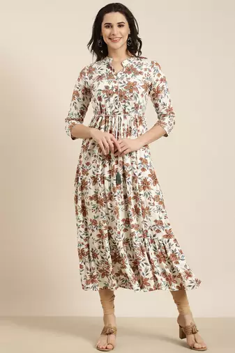 women's calf length mandarin collar cream floral anarkali kurta
