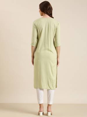 women's calf length round neck sea green solid straight kurta 4