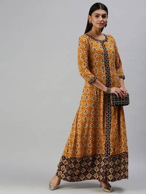 women's ankle length round neck mustard checked anarkali kurta 5