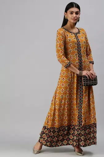 women's ankle length round neck mustard checked anarkali kurta
