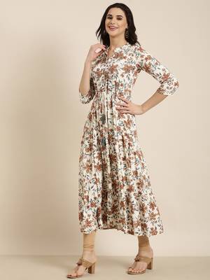 women's calf length mandarin collar cream floral anarkali kurta 3