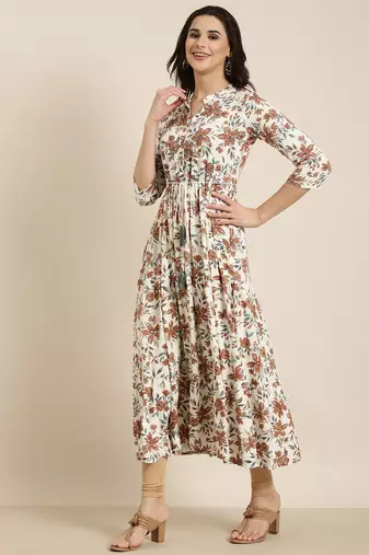 women's calf length mandarin collar cream floral anarkali kurta