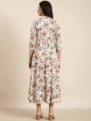 women's calf length mandarin collar cream floral anarkali kurta 4