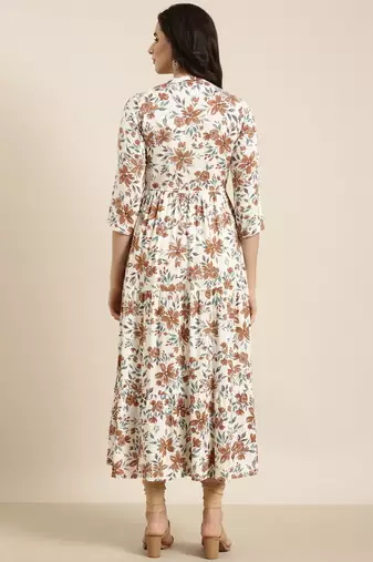 women's calf length mandarin collar cream floral anarkali kurta