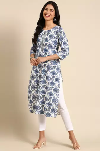 Showoff women's calf length round neck white floral straight kurta