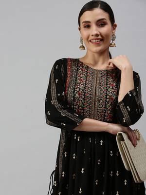 women's calf length round neck black ethnic motifs straight kurta 1